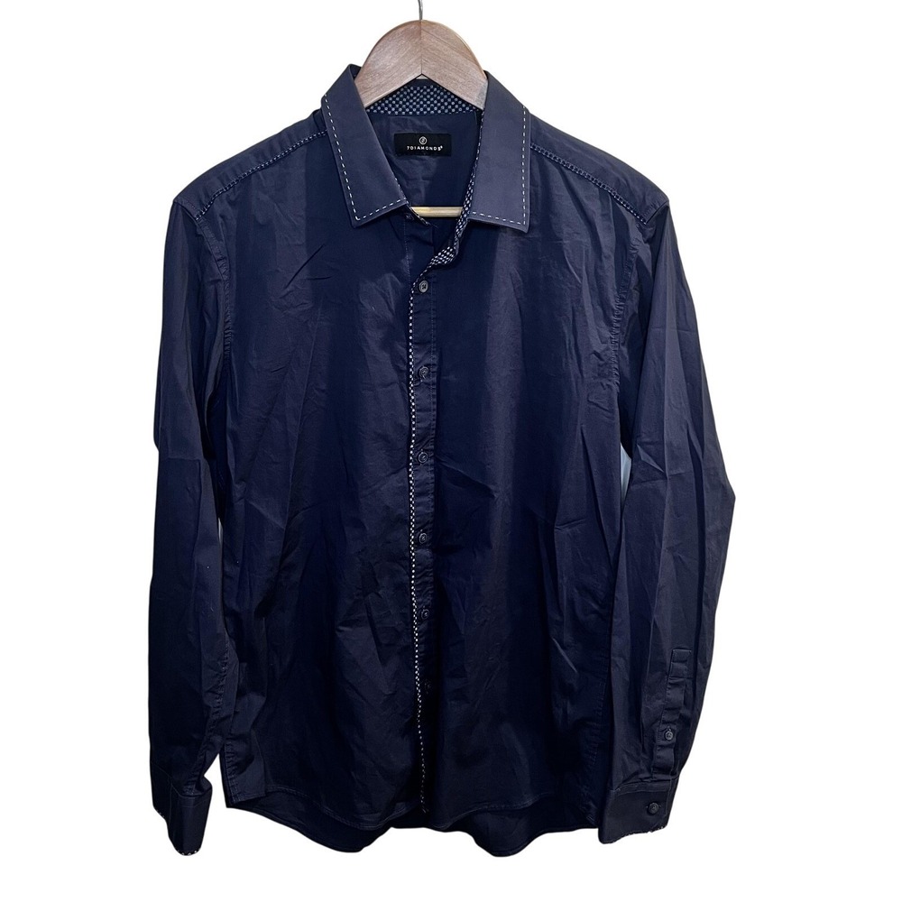7 Diamonds Mens Navy Blue Long Sleeve Button Down Shirt Contrast Stitch Size M